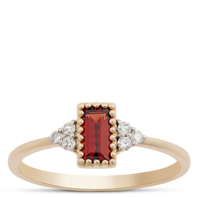 Emerald Cut Garnet and Diamond Ring, 14K Yellow Gold