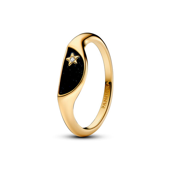 Pandora ME Halved Signet Pandora ME 14k gold-plated ring with clear cz and glittery black enamel
