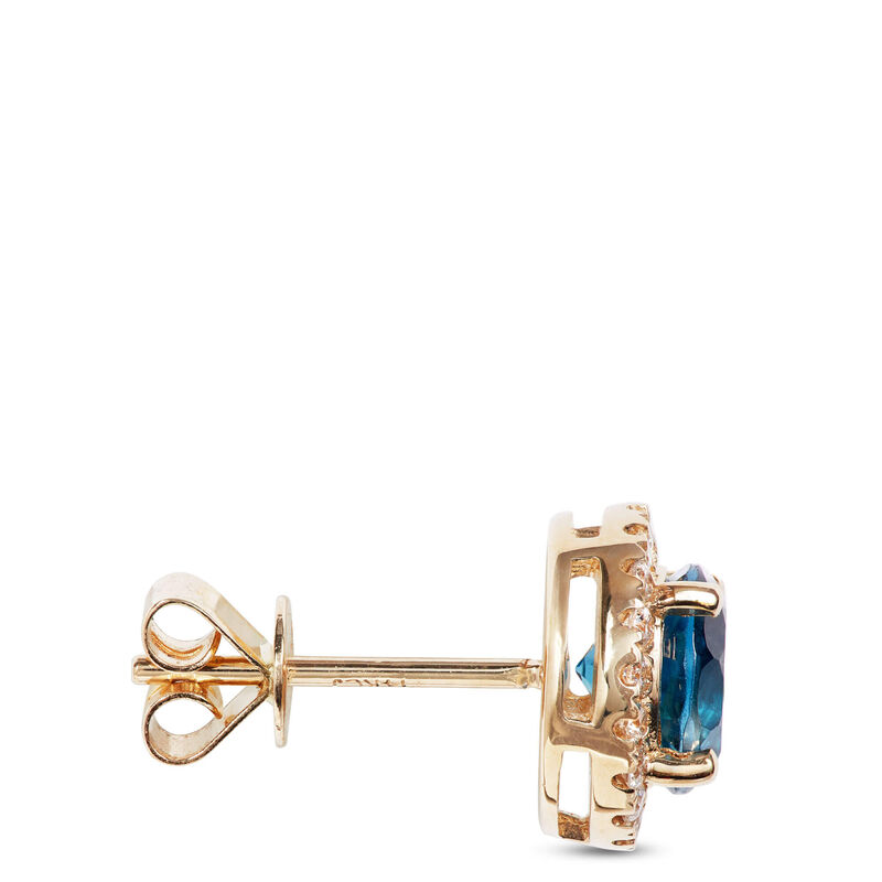 Round Cut London Blue Topaz and Diamond Halo Earrings, 14K Yellow Gold image number 1