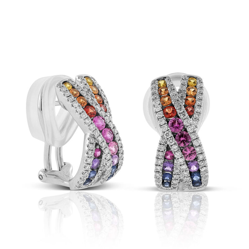 Rainbow Sapphire & Diamond Criss Cross Hoop Earrings 14K image number 0