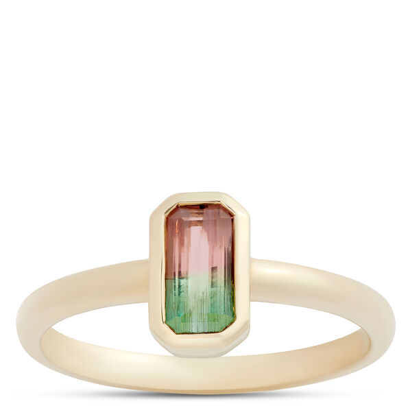 Bi-Colored Emerald Cut Tourmaline Ring, 14K Yellow Gold