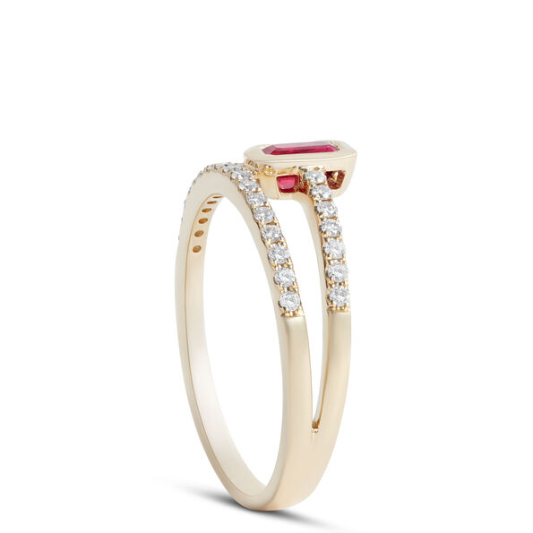 Emerald Cut Ruby and Round Diamond Ring, 14K Yellow Gold