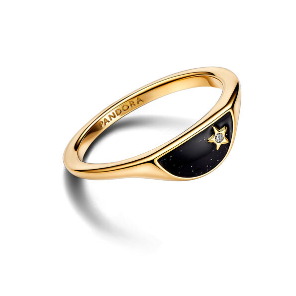 Pandora ME Halved Signet Pandora ME 14k gold-plated ring with clear cz and glittery black enamel