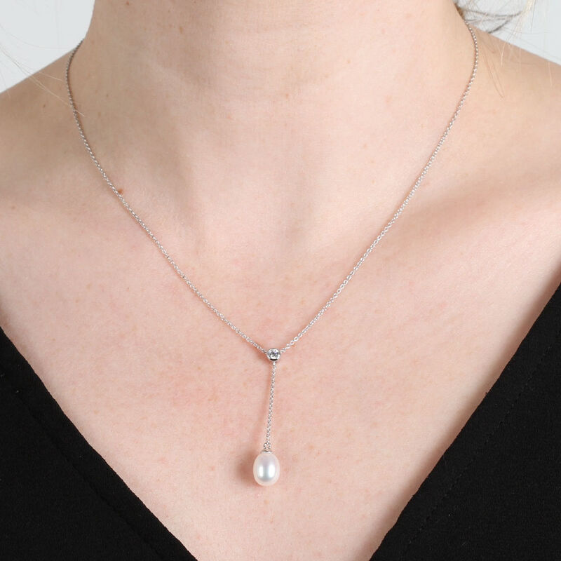 Cultured Freshwater Pearl & Diamond "Y" Necklace 14K image number 1