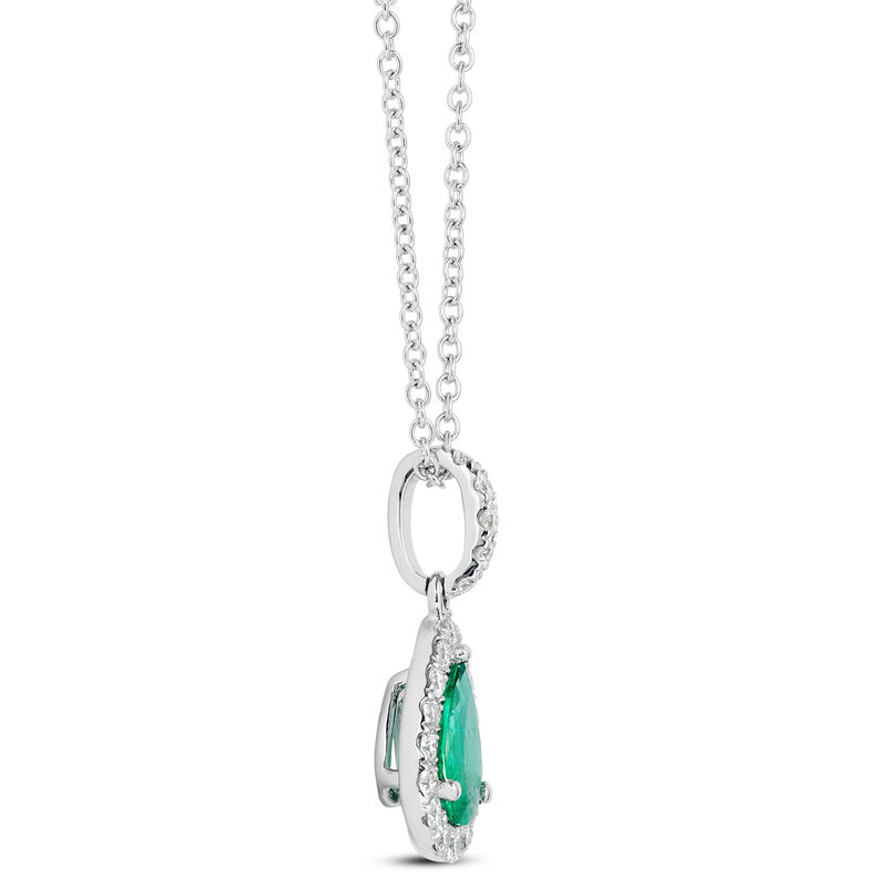 Pear Shaped Emerald and Diamond Halo Pendant Necklace, 14K White Gold image number 1