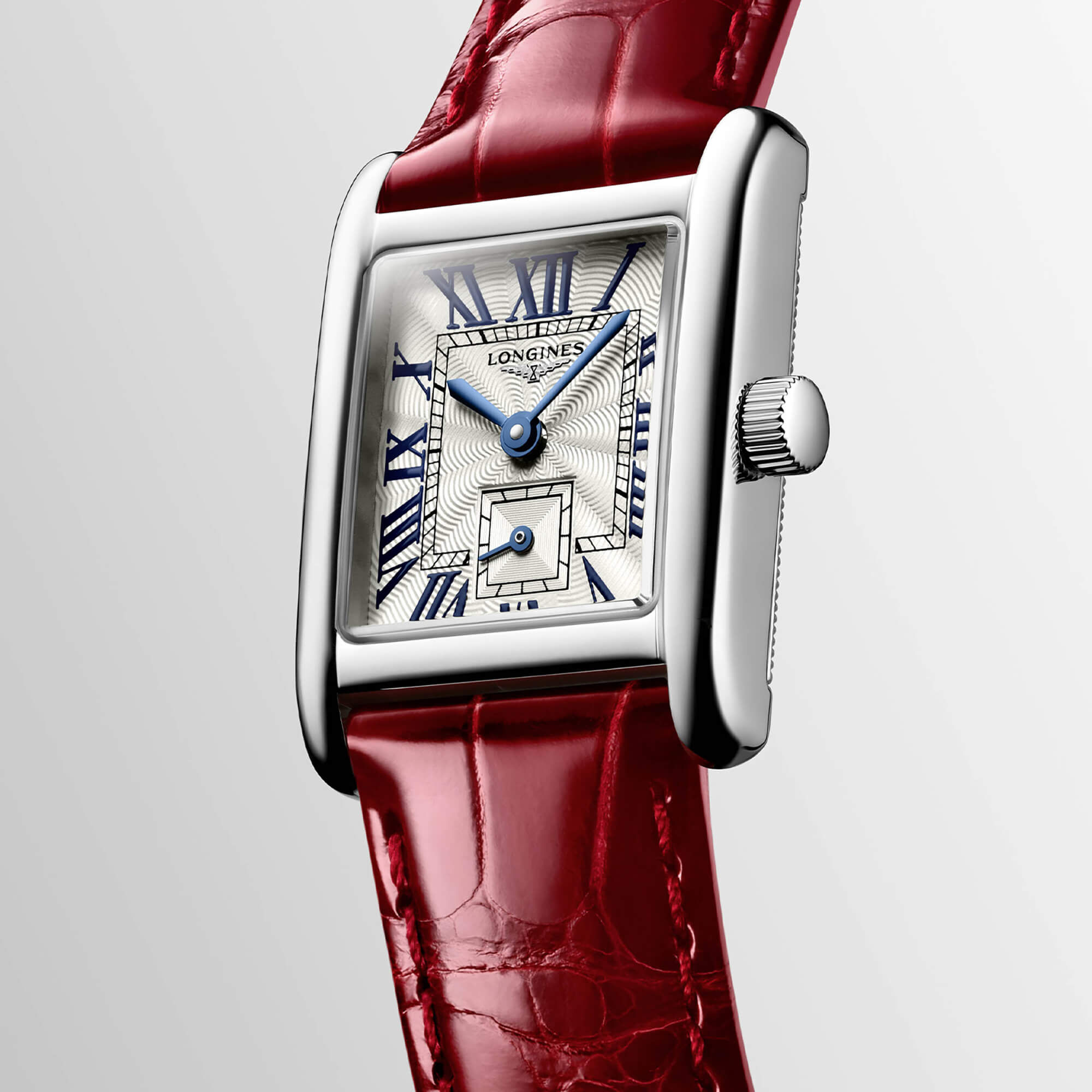 Longines Mini Dolcevita Watch Silver Tone Dial Red Leather Strap 29mm