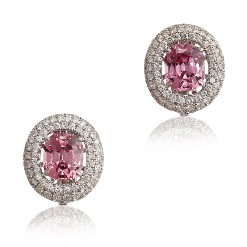 Oval Pink Spinel & Diamond Triple Halo Earrings 14K image number 0