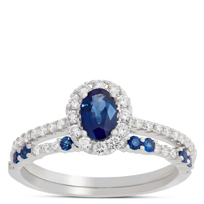 Oval Blue Sapphire and Round Diamond Ring, 1K White Gold