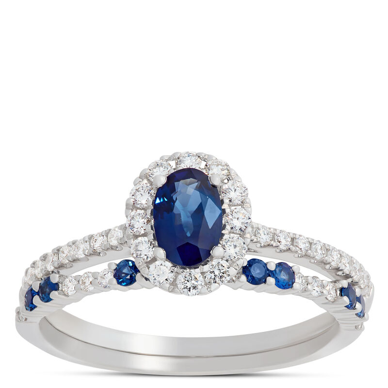 Oval Blue Sapphire and Round Diamond Ring, 1K White Gold image number 0