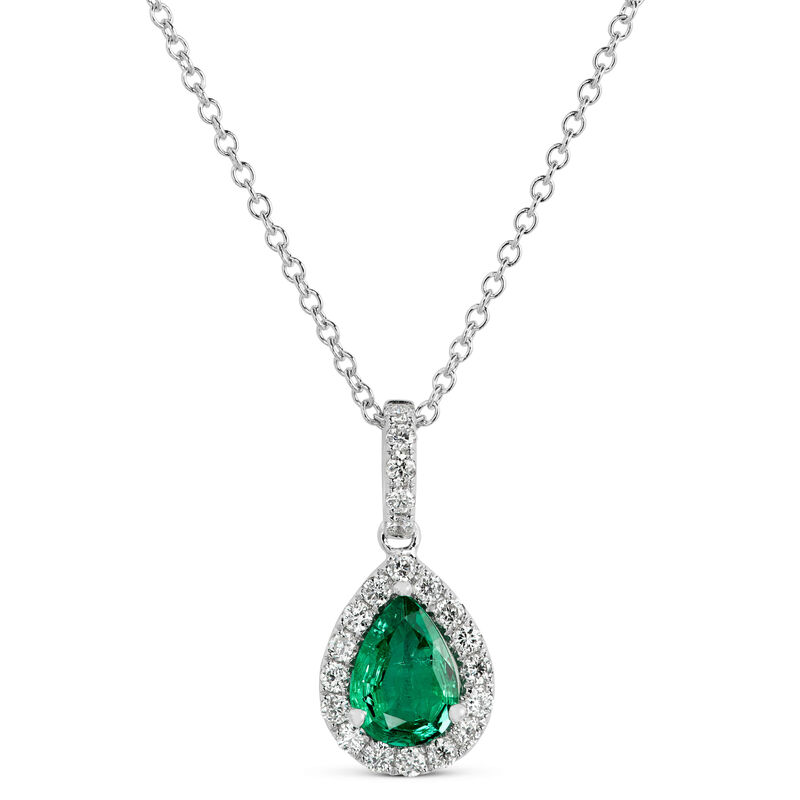 Pear Shaped Emerald and Diamond Halo Pendant Necklace, 14K White Gold image number 0