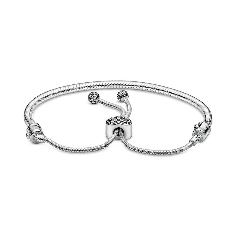Pandora Moments Women's Sterling Silver Snake Chain Charm Bracelet with  Pave Heart Clasp 