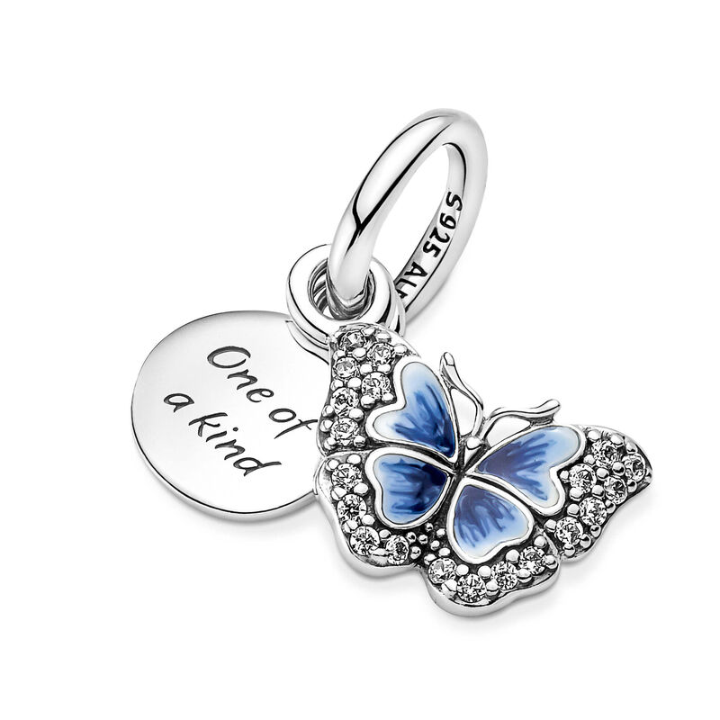 Hoeveelheid van Inhalen Mannelijkheid Pandora Blue Butterfly & Quote Enamel & CZ Double Dangle Charm