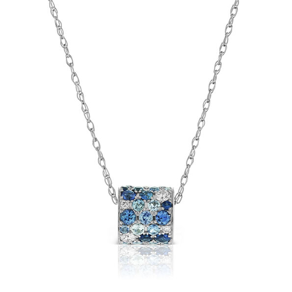 White & Blue Sapphire & Diamond Pavé Barrel Necklace 14K