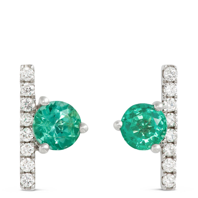 Round Emerald and Diamond Bar Earrings, 14K White Gold image number 0