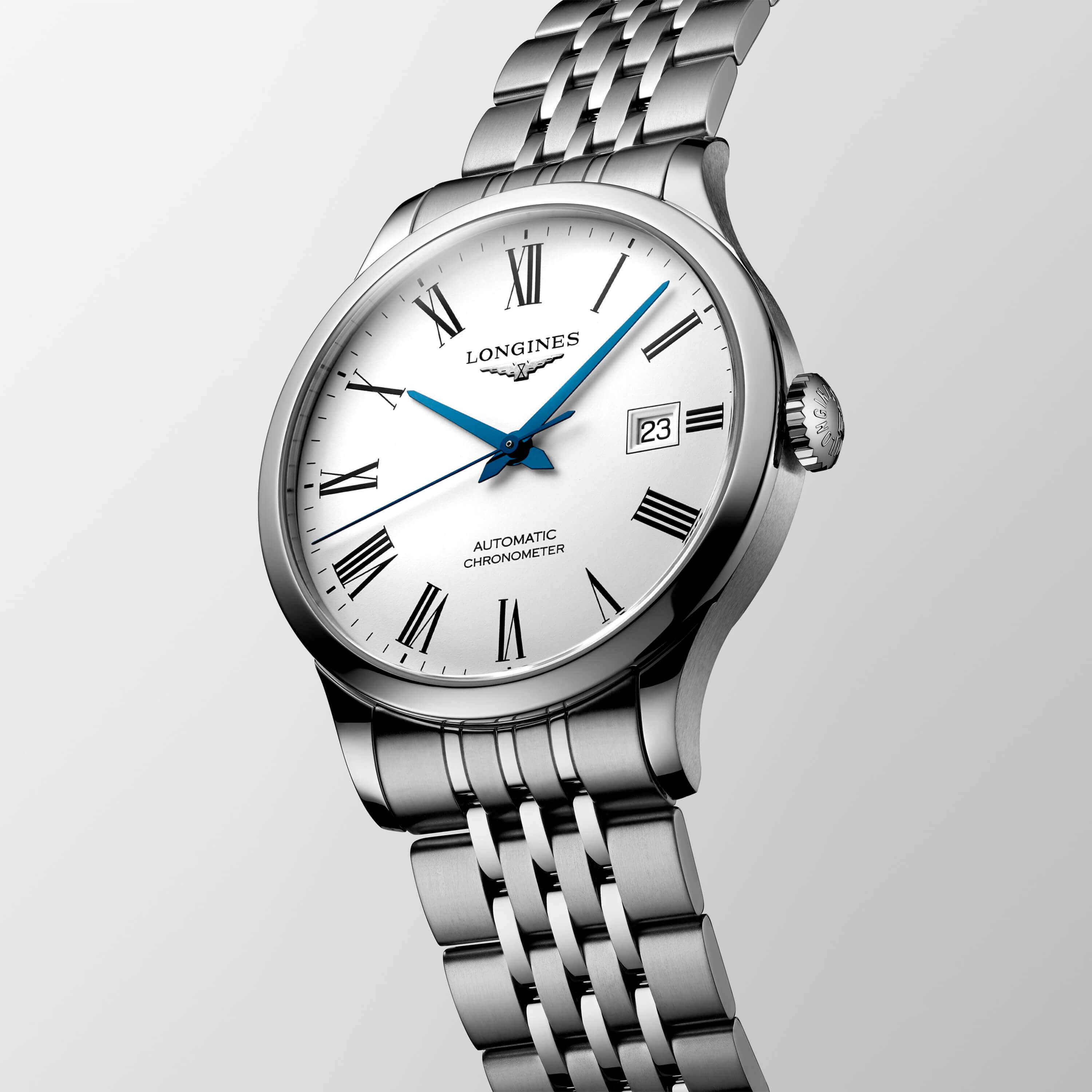 Longines Record Chronometer Watch White Dial Steel Bracelet 40mm