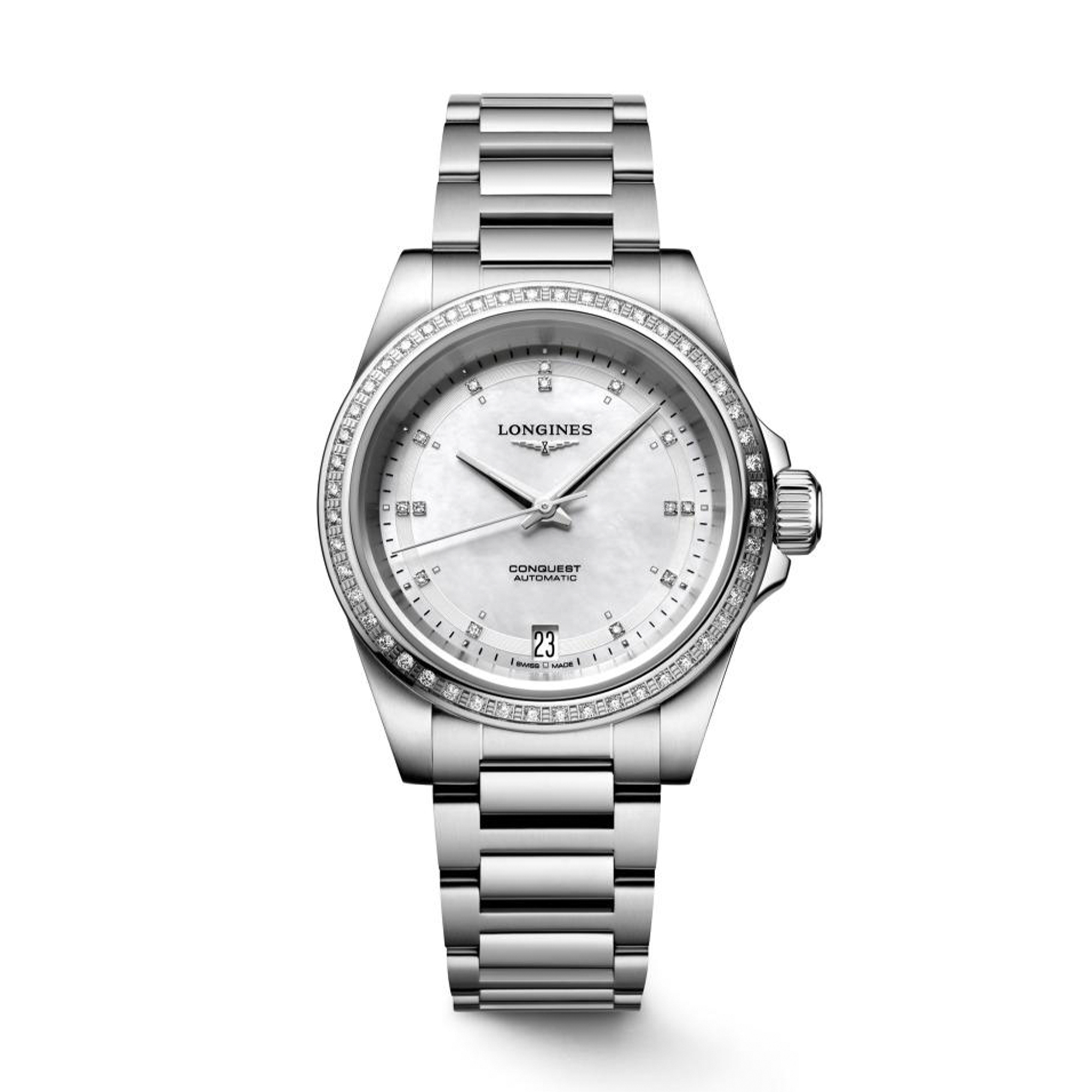 Longines Conquest Watch White Mother of Pearl Dial 34mm