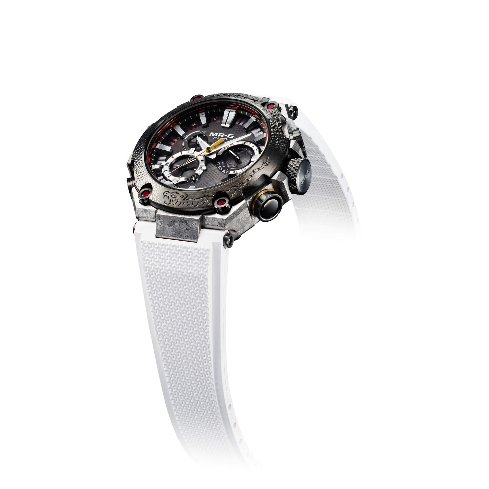 G-Shock MR-G Chronograph Watch Black Dial White Rubber Strap, 54.7mm