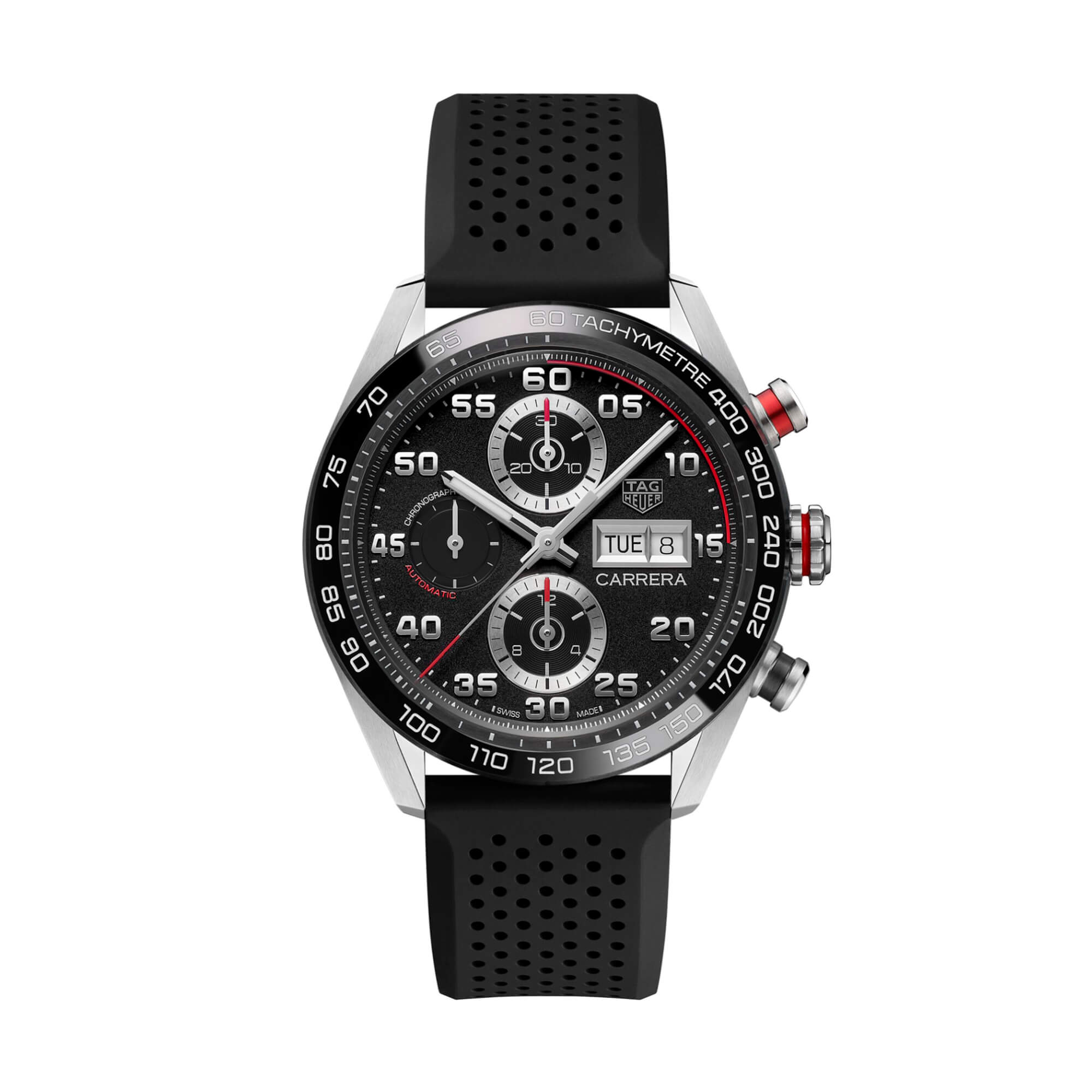 TAG Heuer Carrera Chronograph Watch Black Dial Rubber Strap