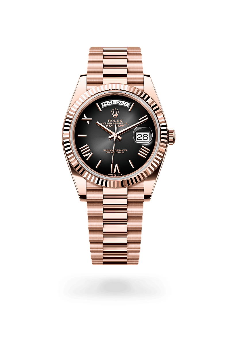 rolex day-date in 18 kt everose gold, m228235-0055 - ben bridge