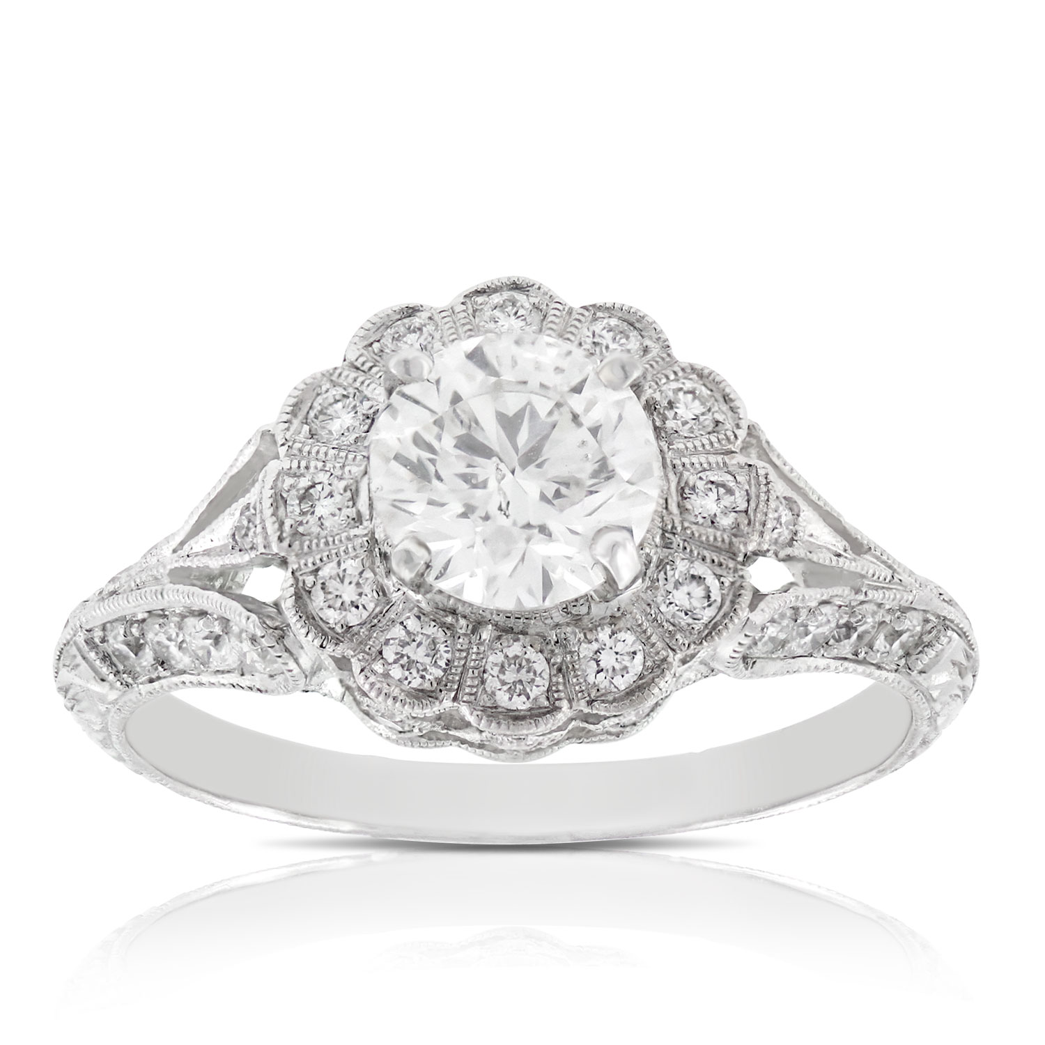 Round Diamond Halo Engagement Ring, .90 Carat Center, 14K White